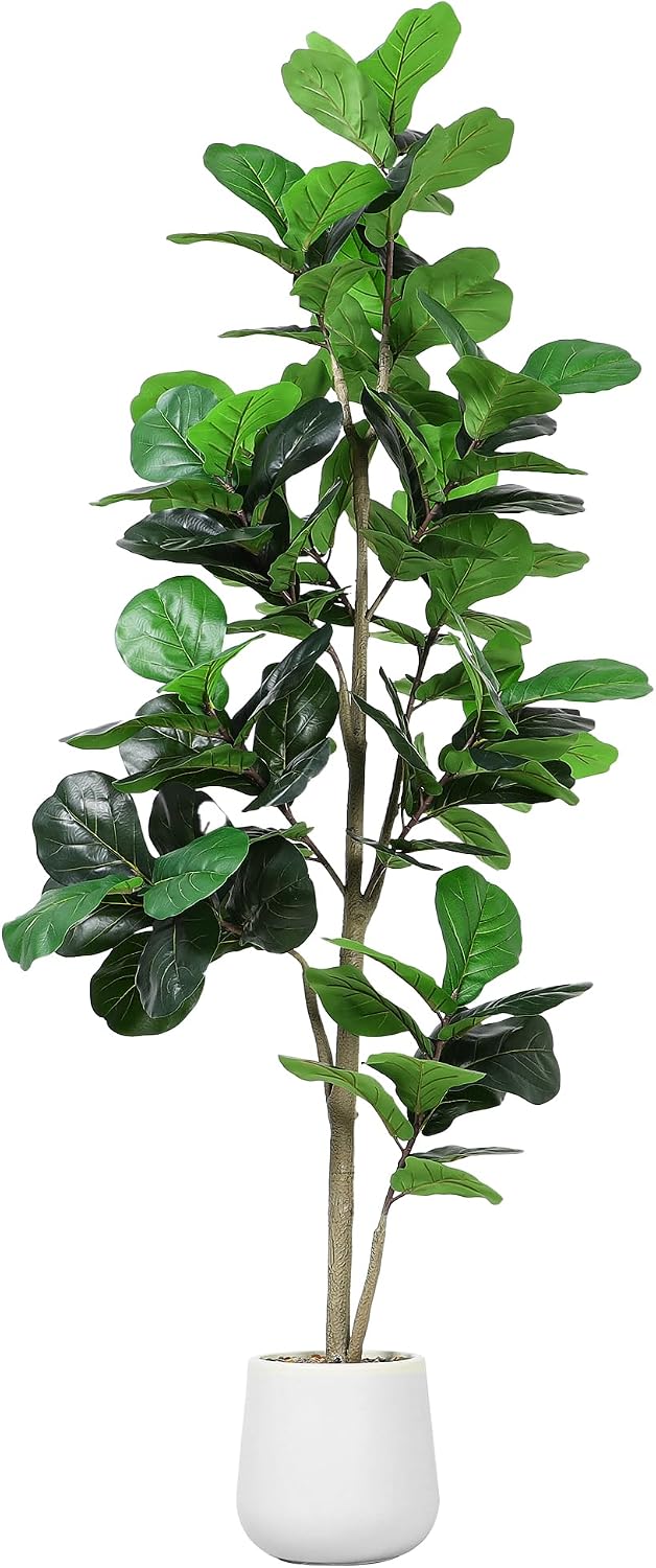 Ficus Lyrata Tree - 7フィートの人工フィドルリーフツリー、フェイクプラント、偽物のフィカス・リラータ、シルクツリー | 人工イチジクの木、白いプランター付き、人工植物
