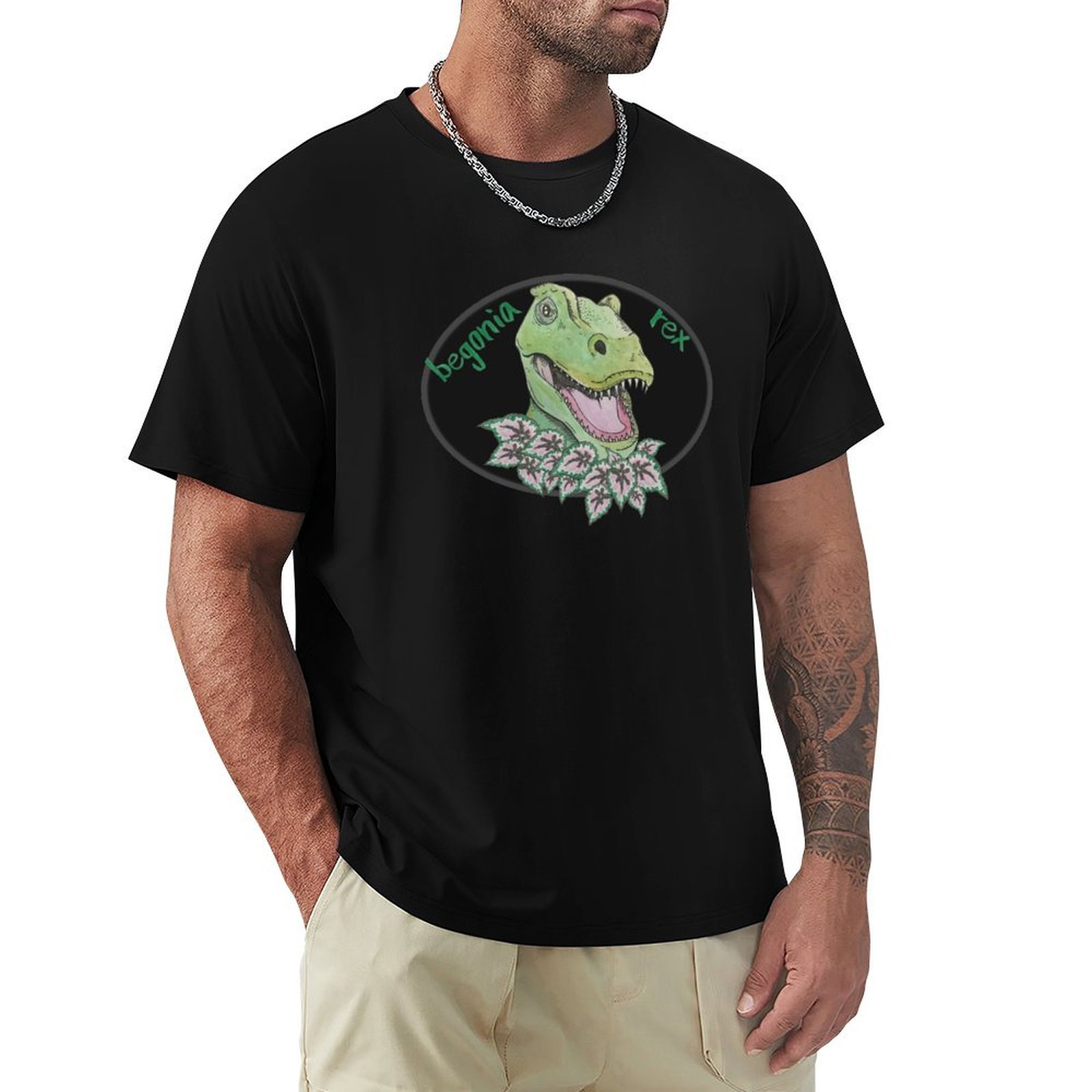 T-レックス柄のベゴニアTシャツ、メンズTシャツ、グラフィッ - Begonia Rex のレビューと価格