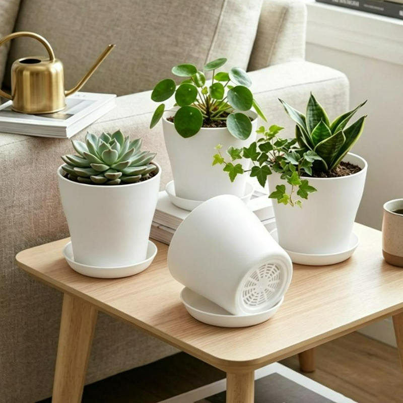 排水穴とマッチングトレイ付きの植木鉢セット PP樹脂製 カラ - Echeveria Succulent のレビューと価格
